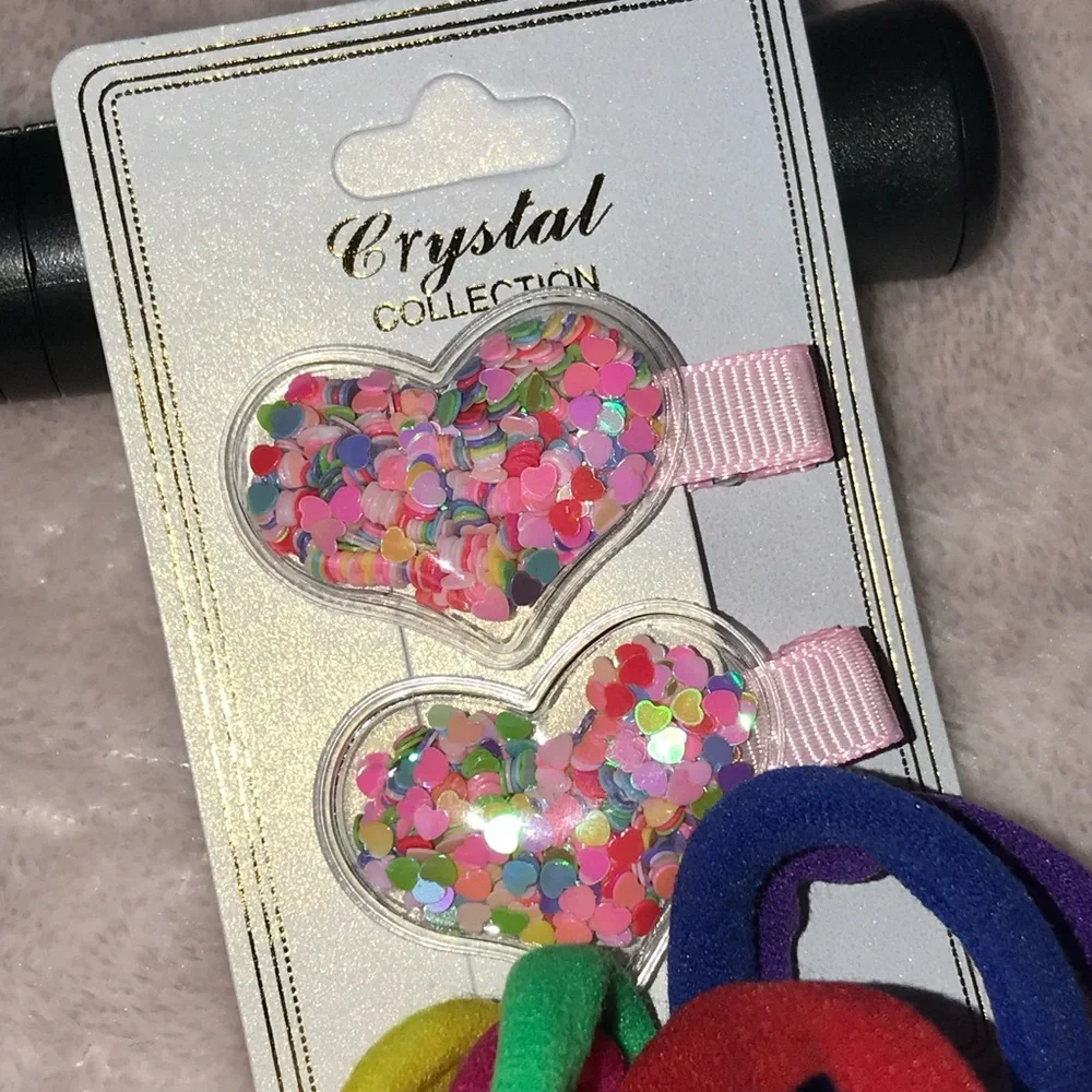 ✨✨5/$10✨✨ Crystal Collection Heart Hair Clips and Colorful Hair Ties Set New